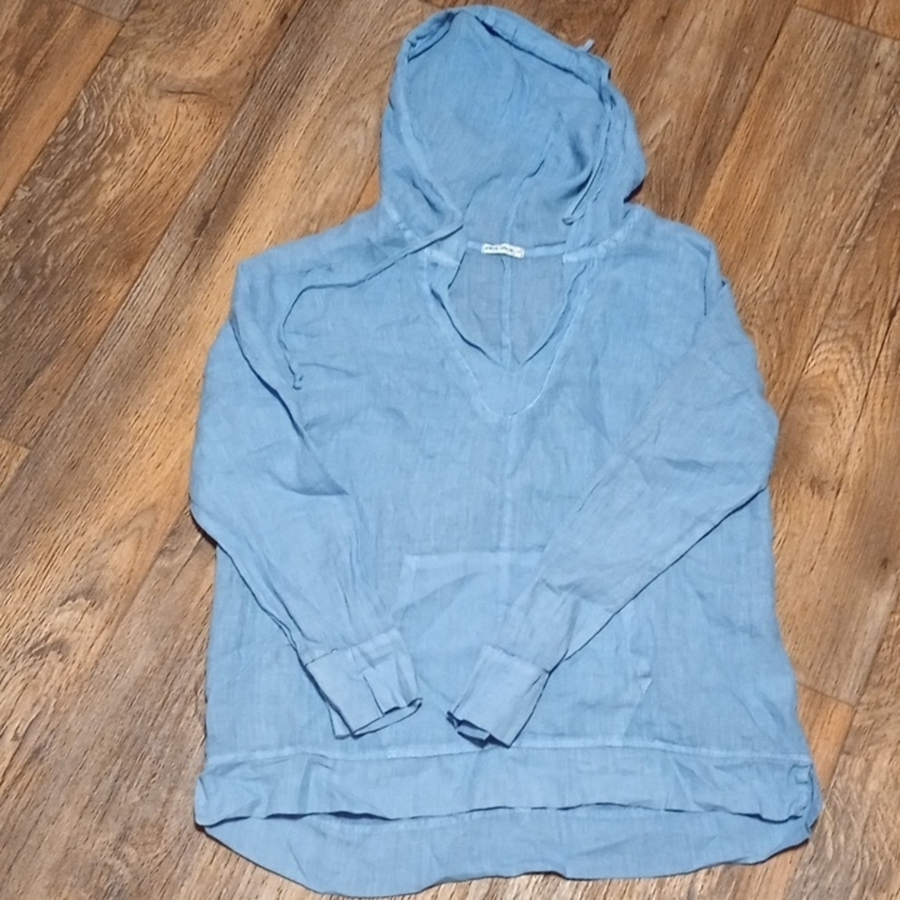 Light Blue Hooded Top Long Sleeve 100% Linen Kangaroo Pocket On Front Size Med